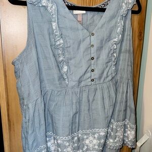 Knox Rose Light Blue Button-Up Top with White Embroidery